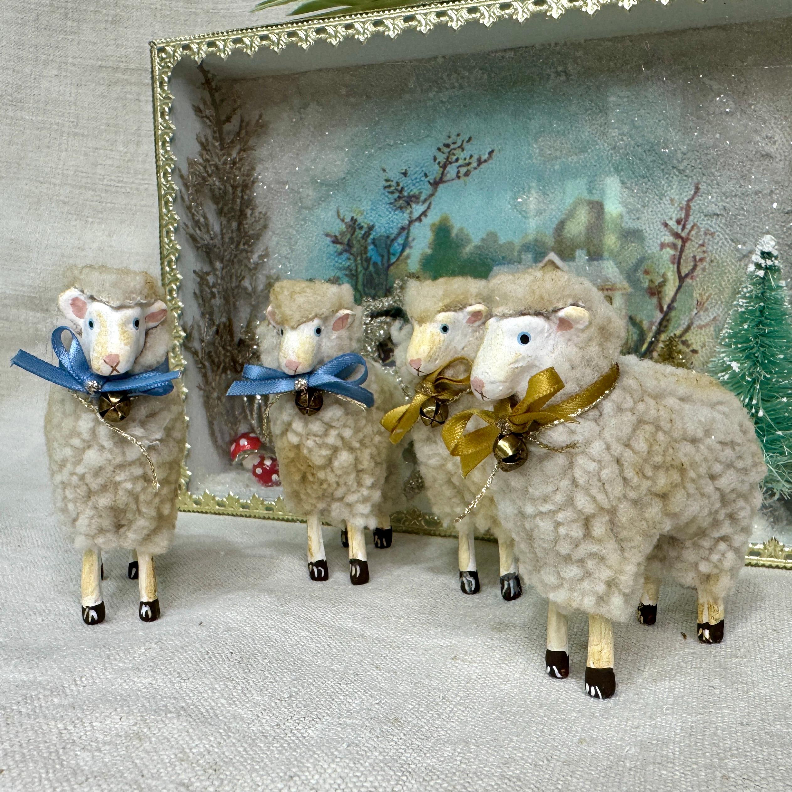 Vintage German Putz Wool Sheep Ornament: Wood Lamb With Satin Bow