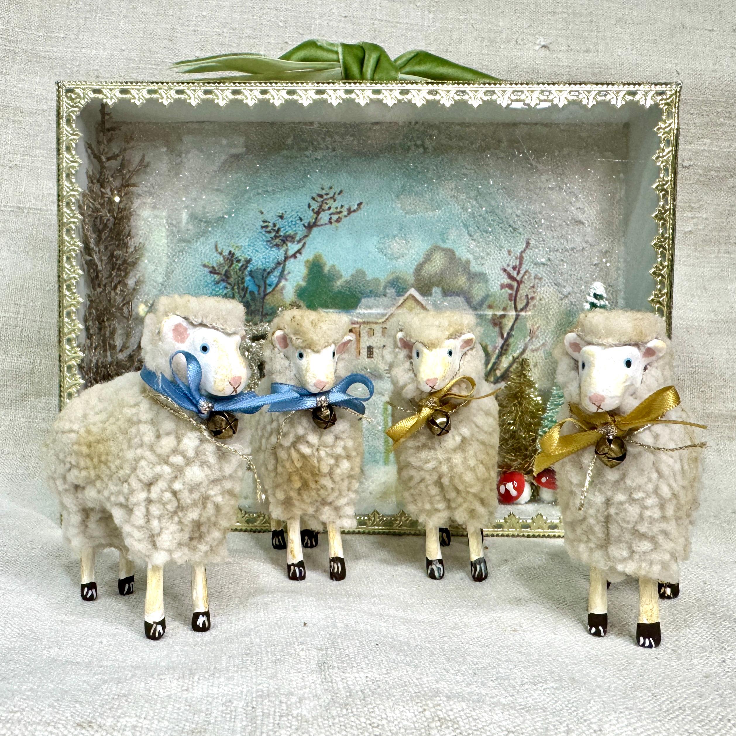 Vintage German Putz Wool Sheep Ornament: Wood Lamb With Satin Bow