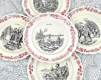 Antique French Transferware Dessert Plates: 1800s Terre de Fer, Set of 12