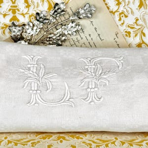 Vintage French Linen Tablecloth LF Double Monogram White Damask 59 x 70