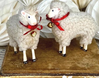 Vintage German Putz Wool Sheep Ornament: Wood Lamb With Satin Bow