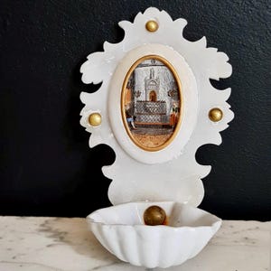Antique French Alabaster Holy Water Font: Fécamp Souvenir, Religious Art
