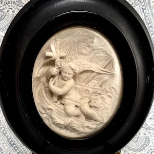 Antique French Carved Angel Reliquary: Meerschaum Religious Wall Plaque