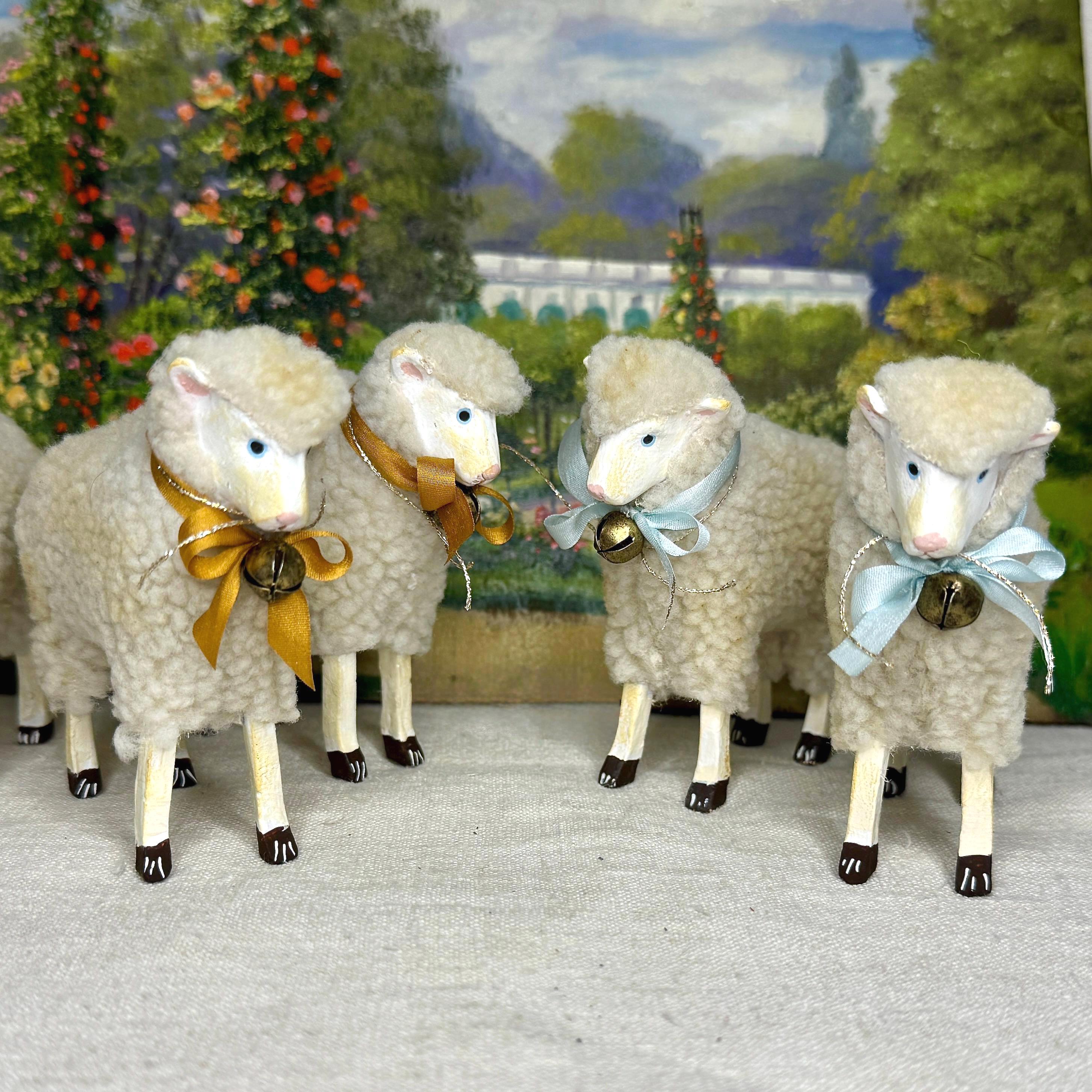 Handmade Sheep Lamb With Bell, Vintage Style Spring Decor, Putz