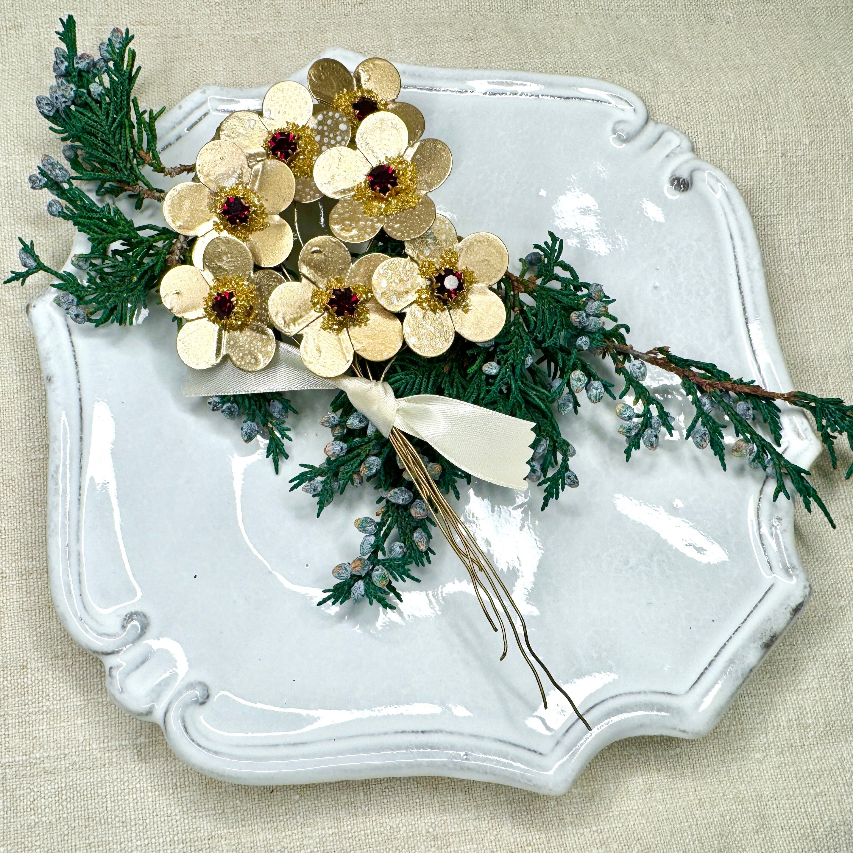 Vintage Ruby Red Swarovski Crystals on Shimmering Gold Metal Flower