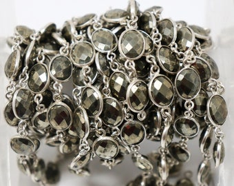 Pyrite Oval Faceted Silver Bezel Chain, 7 mm, Shiny Silver, (203-PY-BC)