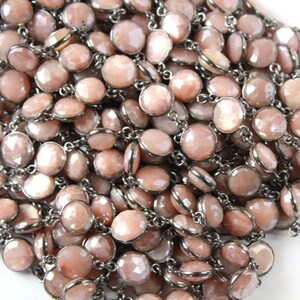 Mystic Peach Moonstone Faceted 10 mm Puff Coin Connector Link Chain, Antique Oxidized, (265-PMNS-BC)