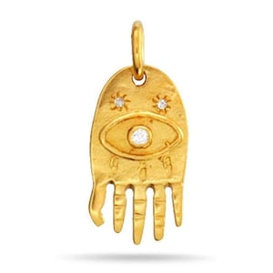 Sterling Silber Vermeil Artisan handgemachte Hamsa mit Evil Eye Charm, (414-AF)
