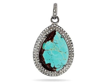 Sterling Silver, Pave Diamond Turquoise Drop Pendant, (2052-DTR)