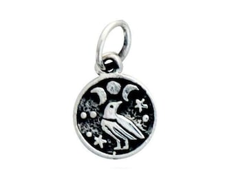 Sterling Silver Raven and Moon Charm, Multiple Finishes, (36-CH6)