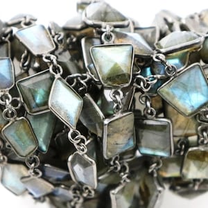 Labradorite Fancy Faceted Bezel Chain, 9x13 mm, Antique Oxidized, (34-LAB-BC)