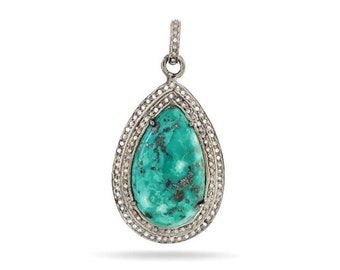 Sterling Silver, Pave Diamond Turquoise Drop Pendant, (2053-DTR)