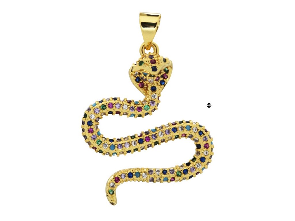 5 Ciondoli Serpente In Ottone Dorato Con Zirconi Cubici Colorati - Fai Da Te Gioielli