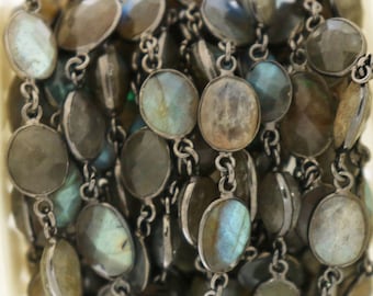 Labradorite Oval Faceted Bezel Connector Link Chain, 7X10-10X14 mm, Antique Oxidized, (269-LAB-BC)