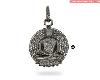 Sterling Silver, Pave Diamond Buddha Medallion Pendant,(1161-DPM)