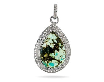Sterling Silver, Pave Diamond Turquoise Drop Pendant, (2050-DTR)