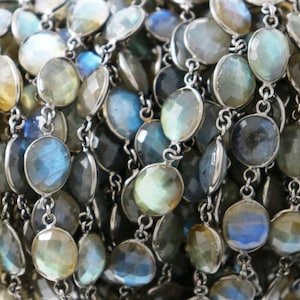 Labradorite Oval Faceted Bezel Connector Link Chain, 8X10-10X12 mm, Antique Oxidized, 270-LAB-BC)