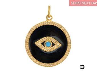 Sterling Silver, Pave Diamond Enamel Evil Eye Disc Pendant,  (4088-DEM)