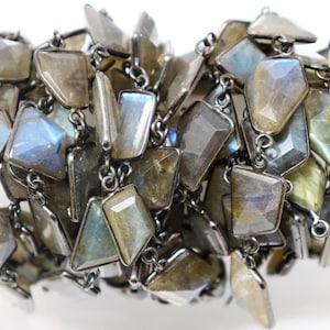 Labradorite Fancy Faceted Bezel Chain, 13x15 mm, Antique Oxidized, (214-LAB-BC)