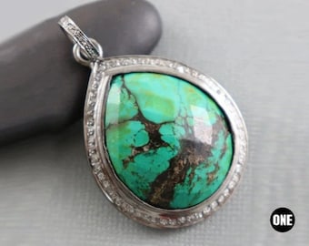 Sterling Silver, Pave Diamond Turquoise Drop Pendant, (2010-DTR)
