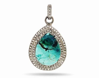 Sterling Silver, Pave Diamond Turquoise Drop Pendant, (2054-DTR)
