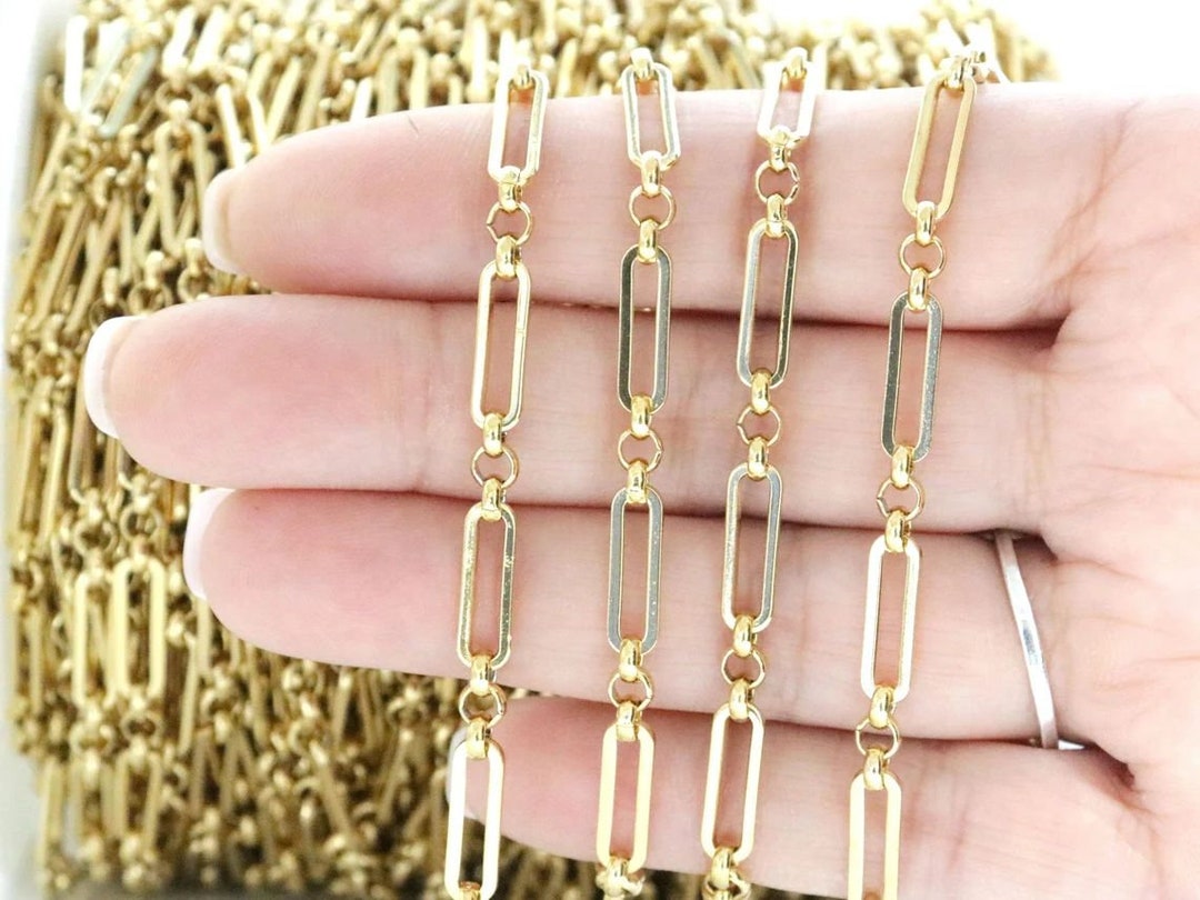 Gold Plated Chunky Flat Oval Paper Clip Long and Short Link Chain, Anti ...