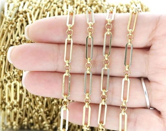 Gold Plated Chunky Flat Oval Paper Clip Long and Short Link Chain, Anti-Tarnished Coated, (GL/246/CHN)