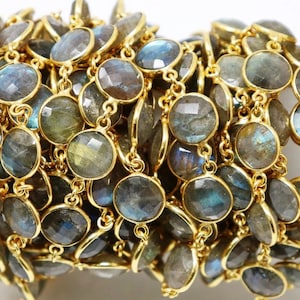 Labradorite Coin Faceted Bezel Chain, 10 mm, Gold Plated, (168-LAB-BC)