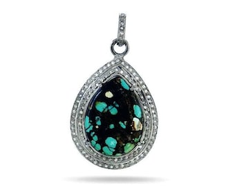 Sterling Silver, Pave Diamond Turquoise Drop Pendant, (2055-DTR)