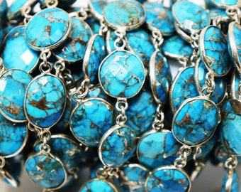 Turquoise Faceted Oval Bezel Chain, 11x15 mm, Shiny Silver, (85-TUR-BC-SIL)