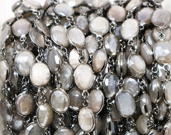 Grey Moonstone Oval Bezel Chain, 8x10 mm, Antique Oxidized, (258-MNS-BC)