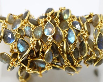 Labradorite Puff Pear Faceted Bezel Chain, 9x11 mm, Gold Plated, (173-LAB-BC)