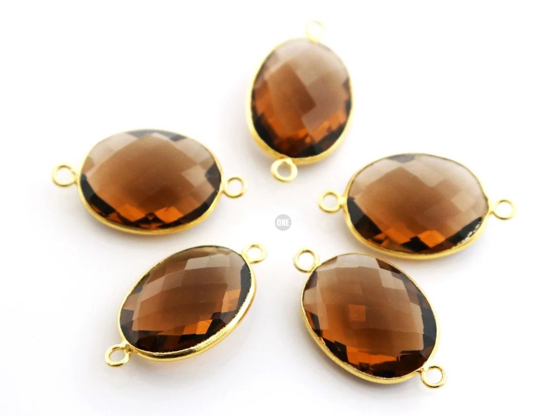 アクセサリー West Germany Gold Plated Faceted Whiskey Topaz Oval Connector, 16x20 Mm