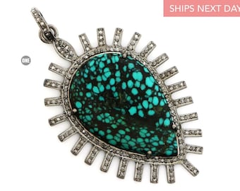 Sterling Silver, Pave Diamond Turquoise Drop Pendant, (2000-DTR)