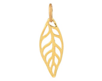 May include: A gold leaf charm pendant with a delicate, intricate design. The pendant is made of solid gold and has a smooth, polished finish.