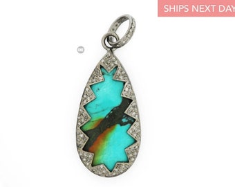 Sterling Silver, Pave Diamond Turquoise Pendant, (2001-DTR)