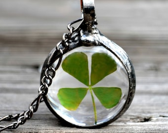 Good Luck Gift Necklace, Real Four Leaf Clover Pendant, Lucky Charm