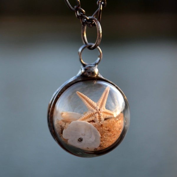 Beach Terrarium Necklace, Magnifies from Back, Beach Jewelry, Terrarium Necklace, Real Starfish, Sand Dollar, Seashell Terrarium Pendant,