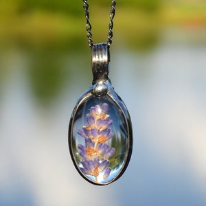 Dry Pressed Lavender Oval Pendant with fully adjustable figaro chain Handmade by Artisans at Bayou Glass Arts in USA. Best gift for her, Mom, wife, teacher, bff, girlfriend, Christmas, birthday, anniversary, Valentines, Mothers Day