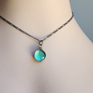 Stained Glass Jewelry, Blue Green Dichroic Dot Necklace for Women, Aqua Fused Glass Pendant, Teal Jewelry Gift for Wife, Birthday Present,