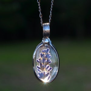 Dry Pressed Lavender Oval Pendant with fully adjustable figaro chain Handmade by Artisans at Bayou Glass Arts in USA. Best gift for her, Mom, wife, teacher, bff, girlfriend, Christmas, birthday, anniversary, Valentines, Mothers Day