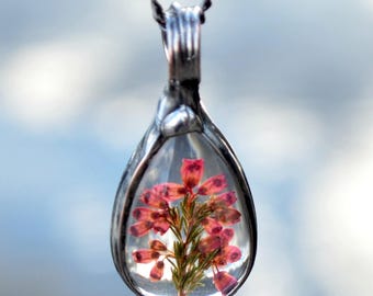 Collar Heather de la buena suerte, colgante de flor prensada auténtica, joyería floral rosa