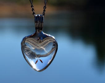 Mother Daughter Gift, Dandelion Heart Necklace, Two Seeds Crossed, Gift from Mother to Daughter, Gift from Daughter to Mother, Glass Heart,