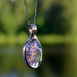 Dry Pressed Lavender Oval Pendant with fully adjustable figaro chain Handmade by Artisans at Bayou Glass Arts in USA. Best gift for her, Mom, wife, teacher, bff, girlfriend, Christmas, birthday, anniversary, Valentines, Mothers Day