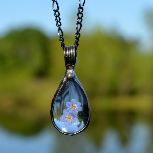 Pressed Flower Jewelry, Forget-Me-Not Necklace, Glass Not Resin, Terrarium Necklace, Forget Me Not Flowers, Womens Jewelry, Ready to Ship,