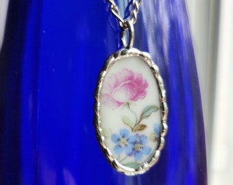 Broken China Pendant, Handmade Upcycled Ceramic Necklace, Recycled Porcelain Floral Accessory, Peony & Forget Me Not Necklace, Gift for Mom,