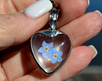 Gift for Mother's Day, Forget Me Not Necklace, Heart Necklace, Unique Nature Jewelry, Forget Me Not Jewelry, Unique Handmade Gifts for Women