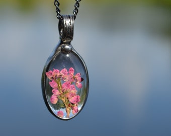 Heather Necklace Flower Jewelry  Long Necklace  Dried Pink Heather Jewelry  Necklace for Woman (2797)