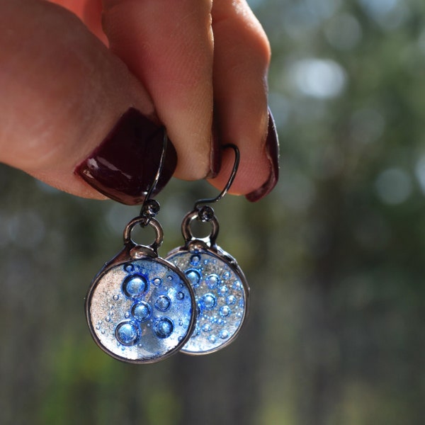 Blue Bubble Earrings, Mermaid Kisses, Blue Bubble Glass Earrings for Women, Blue Dot Fused Glass, Mermaid Bubbles, Bubble Dangle Earrings