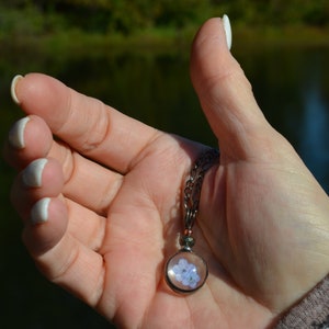 Dainty forget me not pendant, real dry pressed flowers in glass and metal necklace, adorned with a copper and pyrite bead. This charm is delicate and romantic making it a perfect gift for Mom wife girlfriend birthday anniversary remembrance memorium